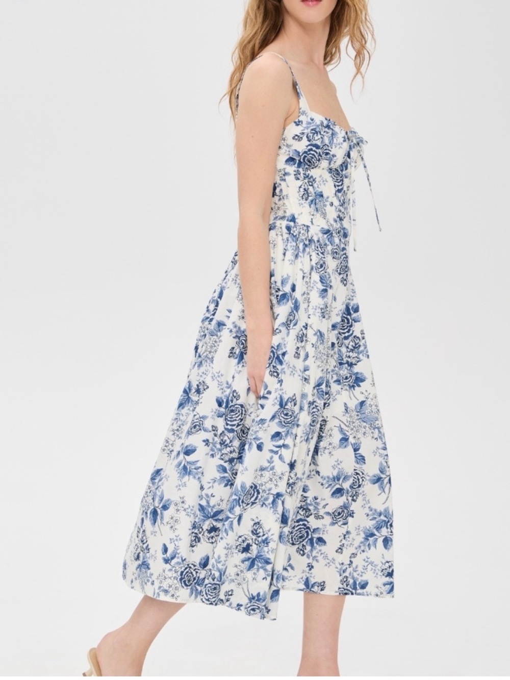 Moon River White Midi Dress with Blue Floral Print